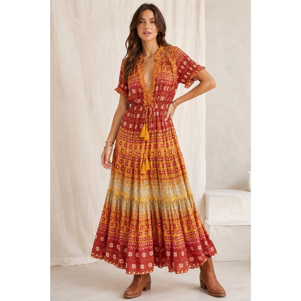 Free People‎ Floral Rare Feelings Tiered Tassle Maxi Dress sz S
